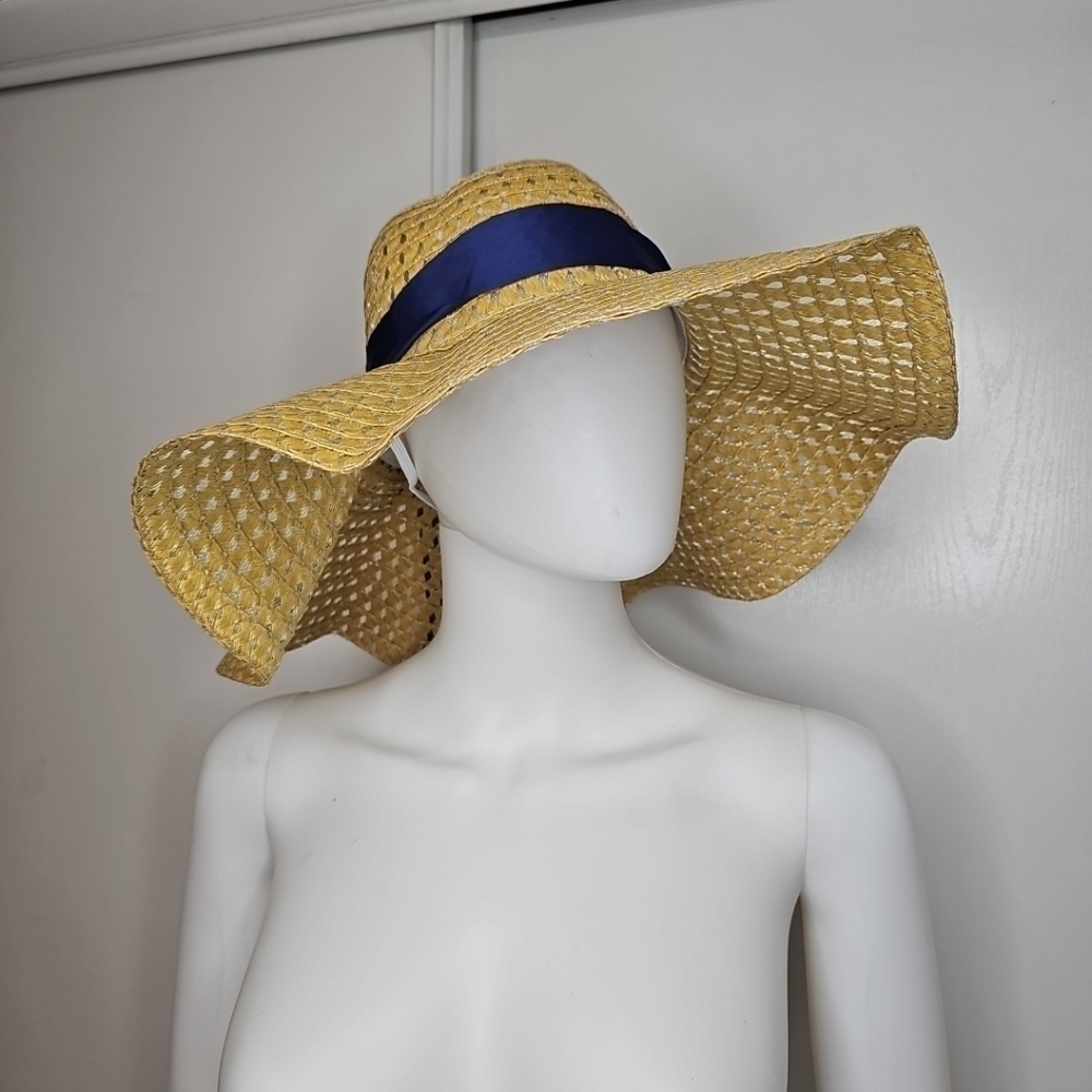 Women's Tan Straw Floppy Hat With Blue Ribbon